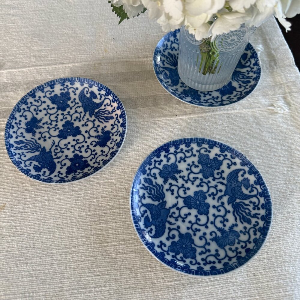 Japanese Blue & White Saucer with Phoenix and Floral Design - Used (3)